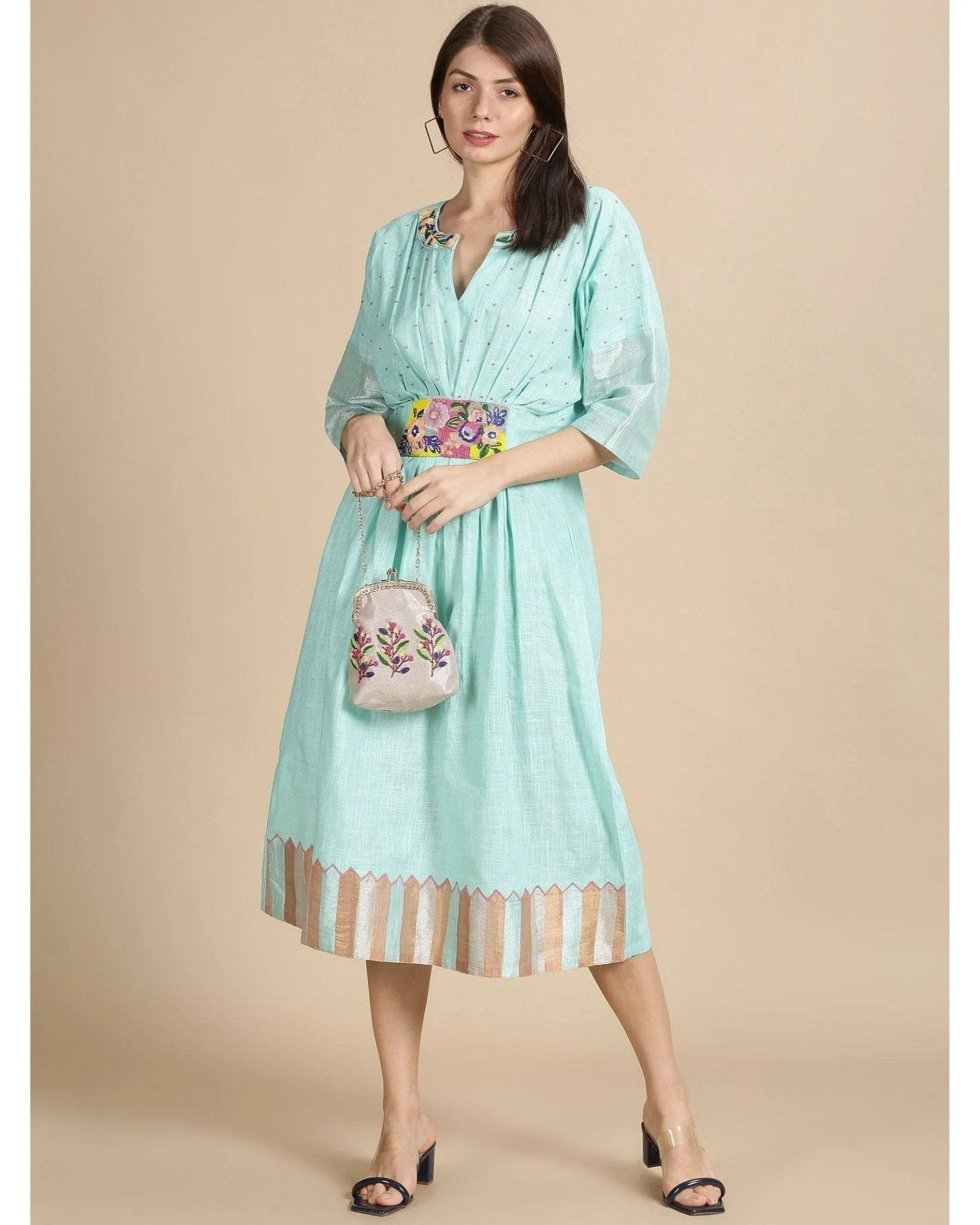 Aqua floral Beads cluster Work Kaftan dress.