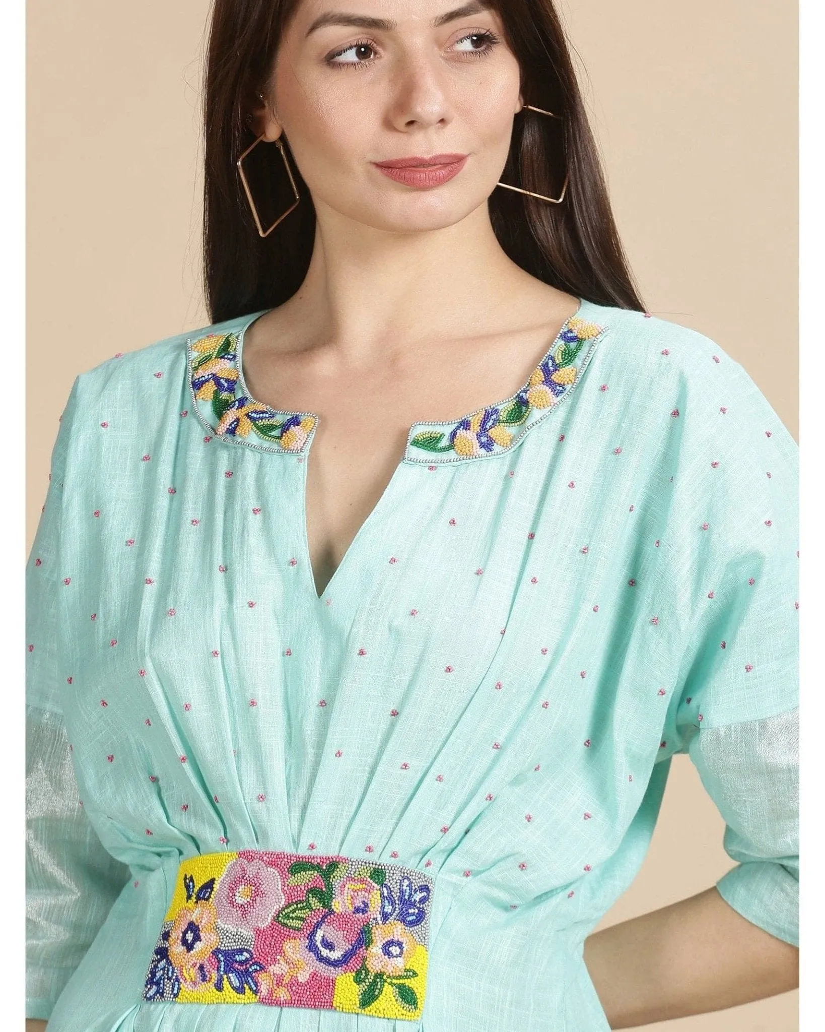 Aqua floral Beads cluster Work Kaftan dress.