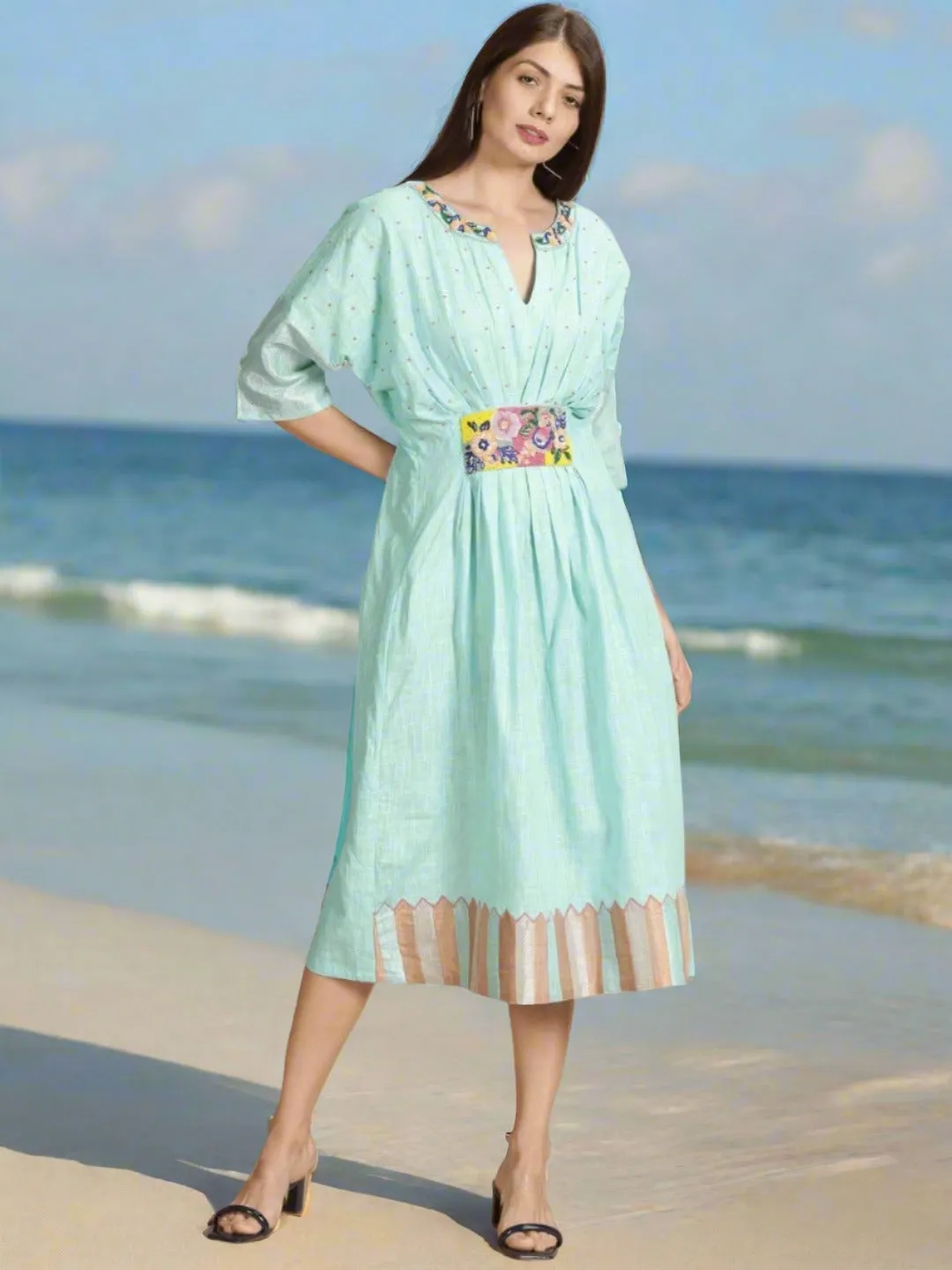 Aqua floral Beads cluster Work Kaftan dress.