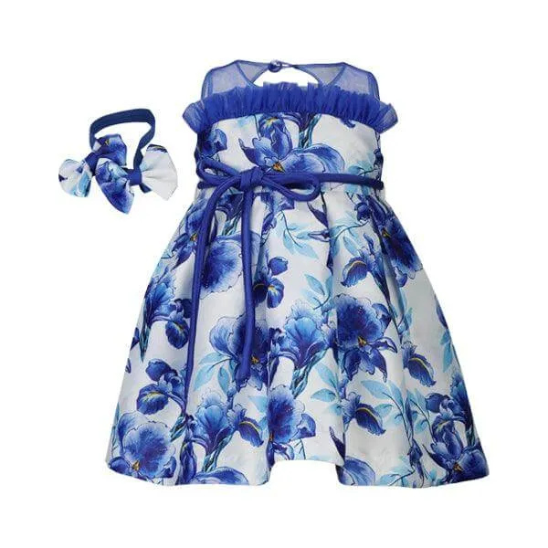 BLUE FLORAL MIKADO DRESS WITH HAIRBOW