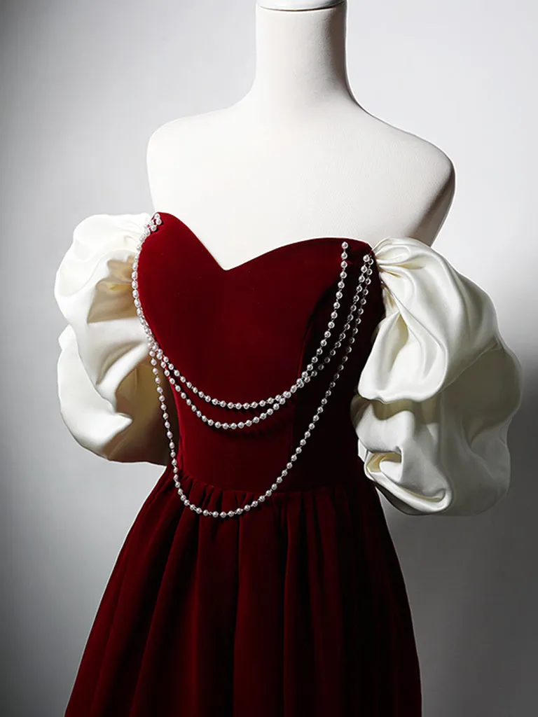 Burgundy A-Line Off Shoulder Velvet Lace Long Prom Dress, Burgundy Long Formal Dress