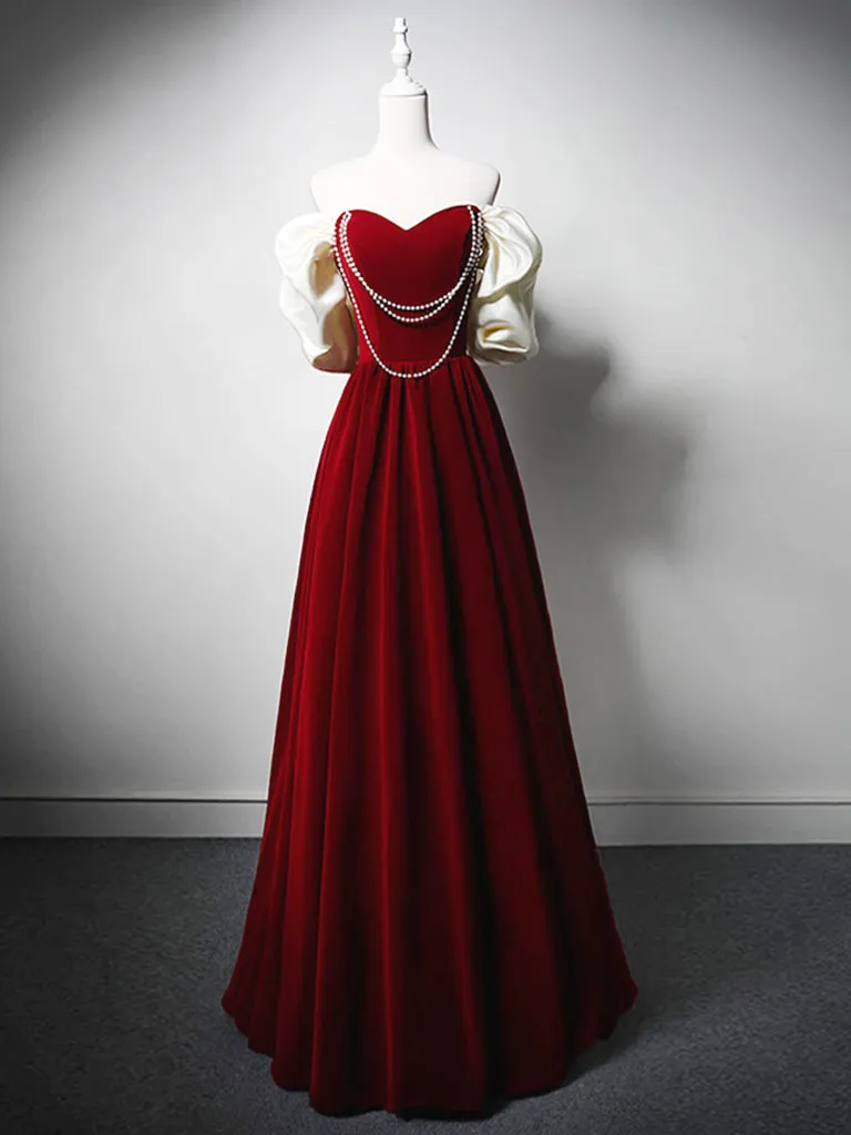 Burgundy A-Line Off Shoulder Velvet Lace Long Prom Dress, Burgundy Long Formal Dress