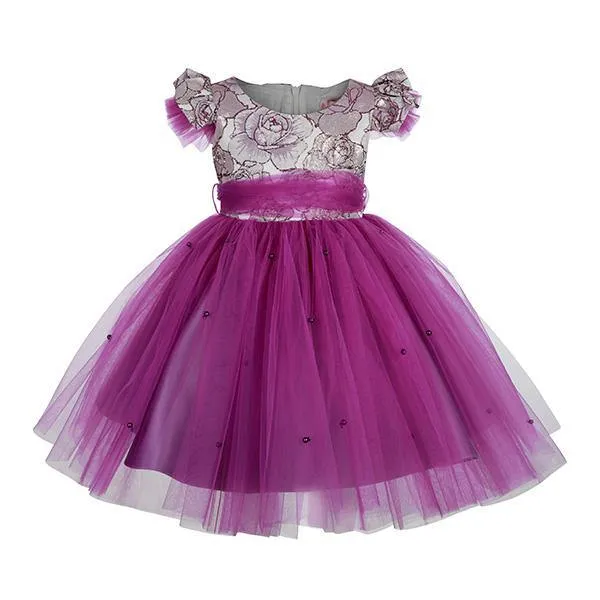 GIRLS FLORAL TULLE BALL DRESS - PURPLE