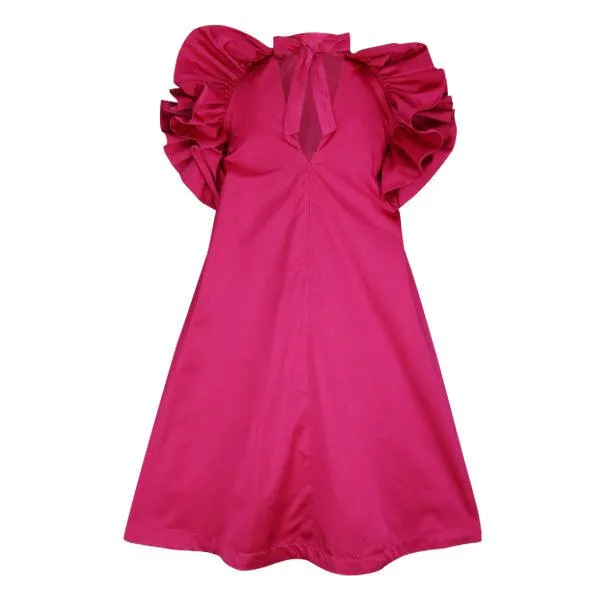 GIRLS FUSCHIA RUFFLED RAGLAN DRESS