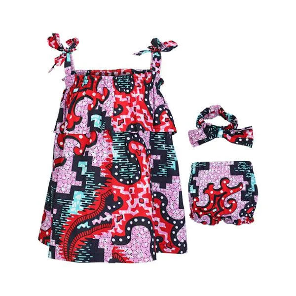 GIRLS MULTI-COLOUR ANKARA DRESS SET WITH HAIRBOW