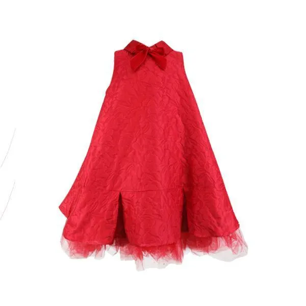 GIRLS SLEEVELESS A-LINE DAMASK DRESS - RED