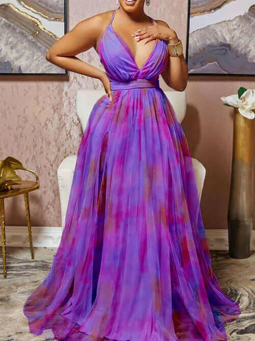 Halter V Neck High Slit Chiffon Dress