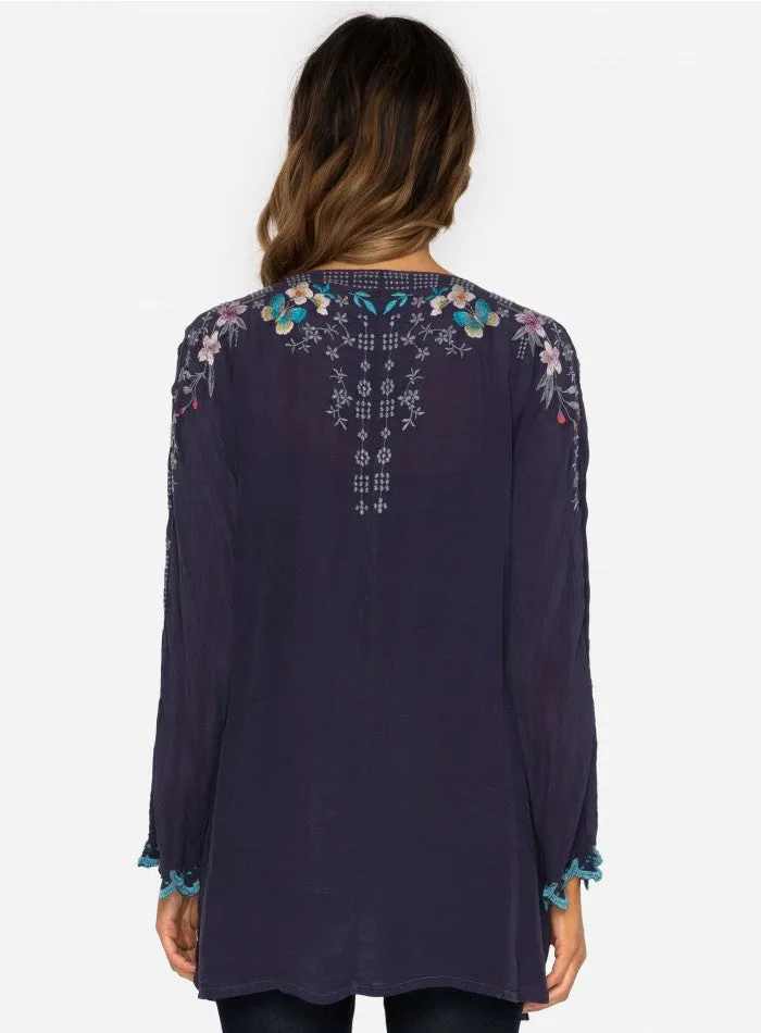 Johnny Was Butterfly Winter Blouse in Gravel Blue