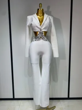Long Sleeve Beading Bodycon Two Pieces Pants Bandage