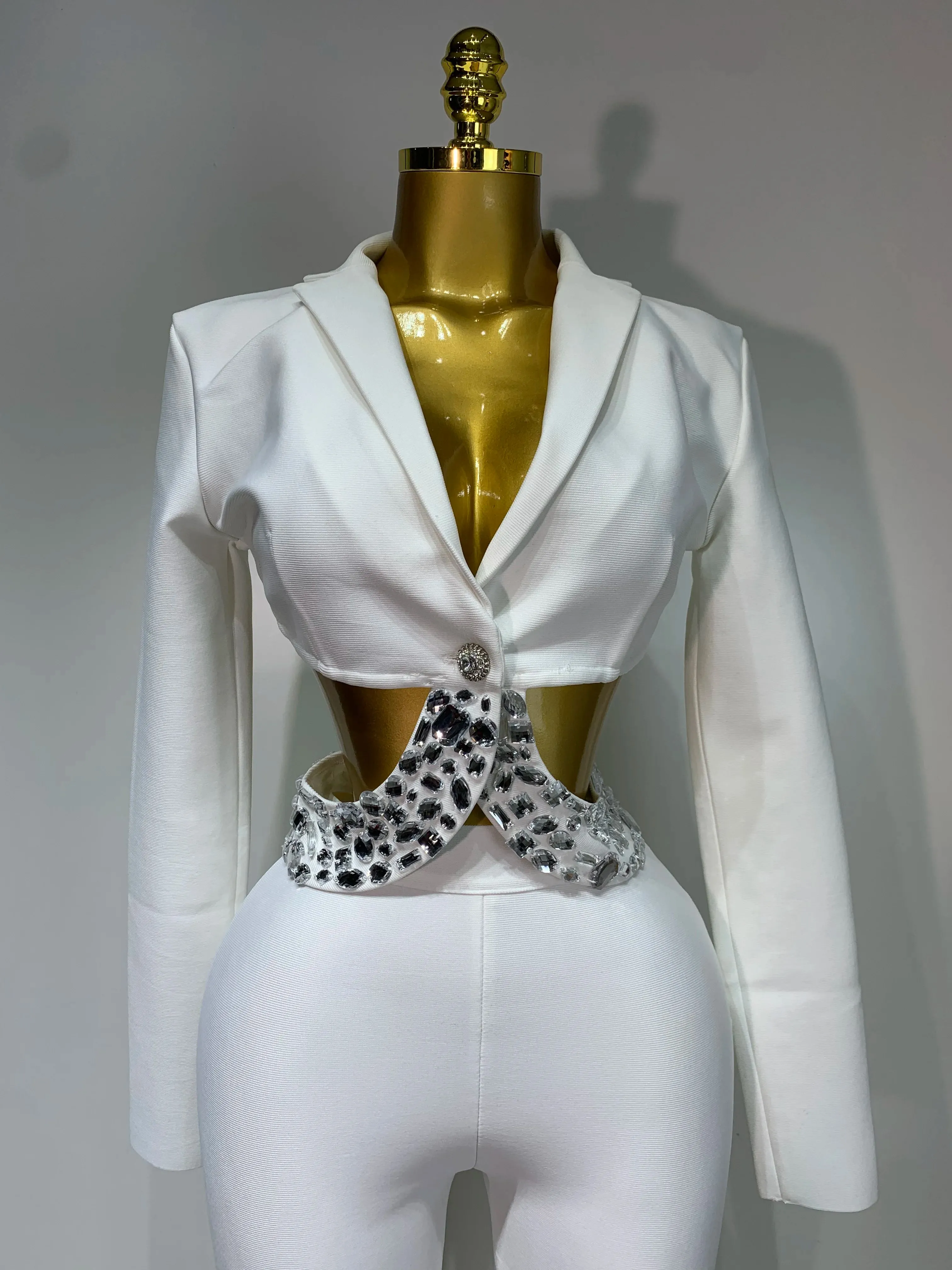 Long Sleeve Beading Bodycon Two Pieces Pants Bandage