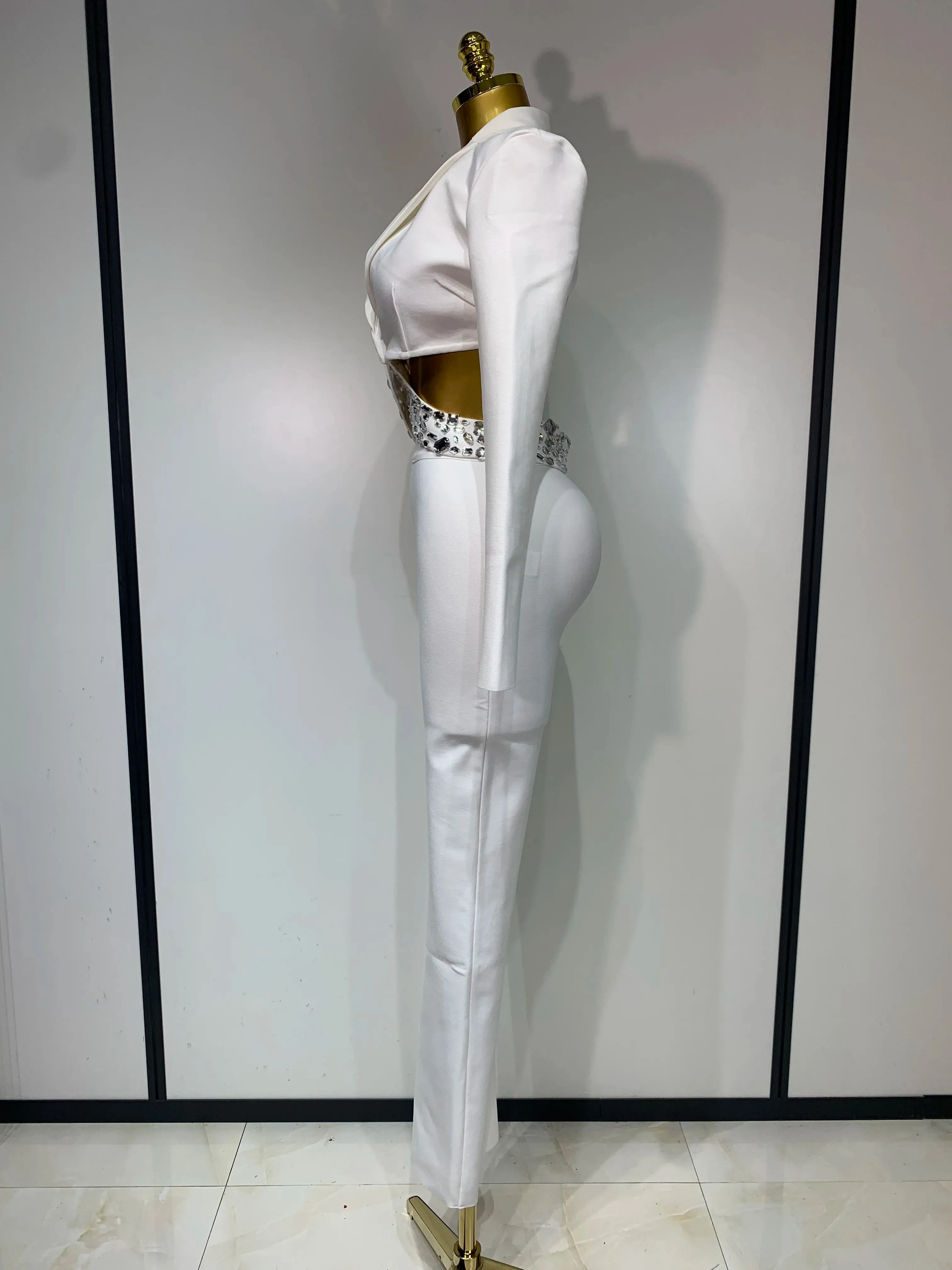 Long Sleeve Beading Bodycon Two Pieces Pants Bandage