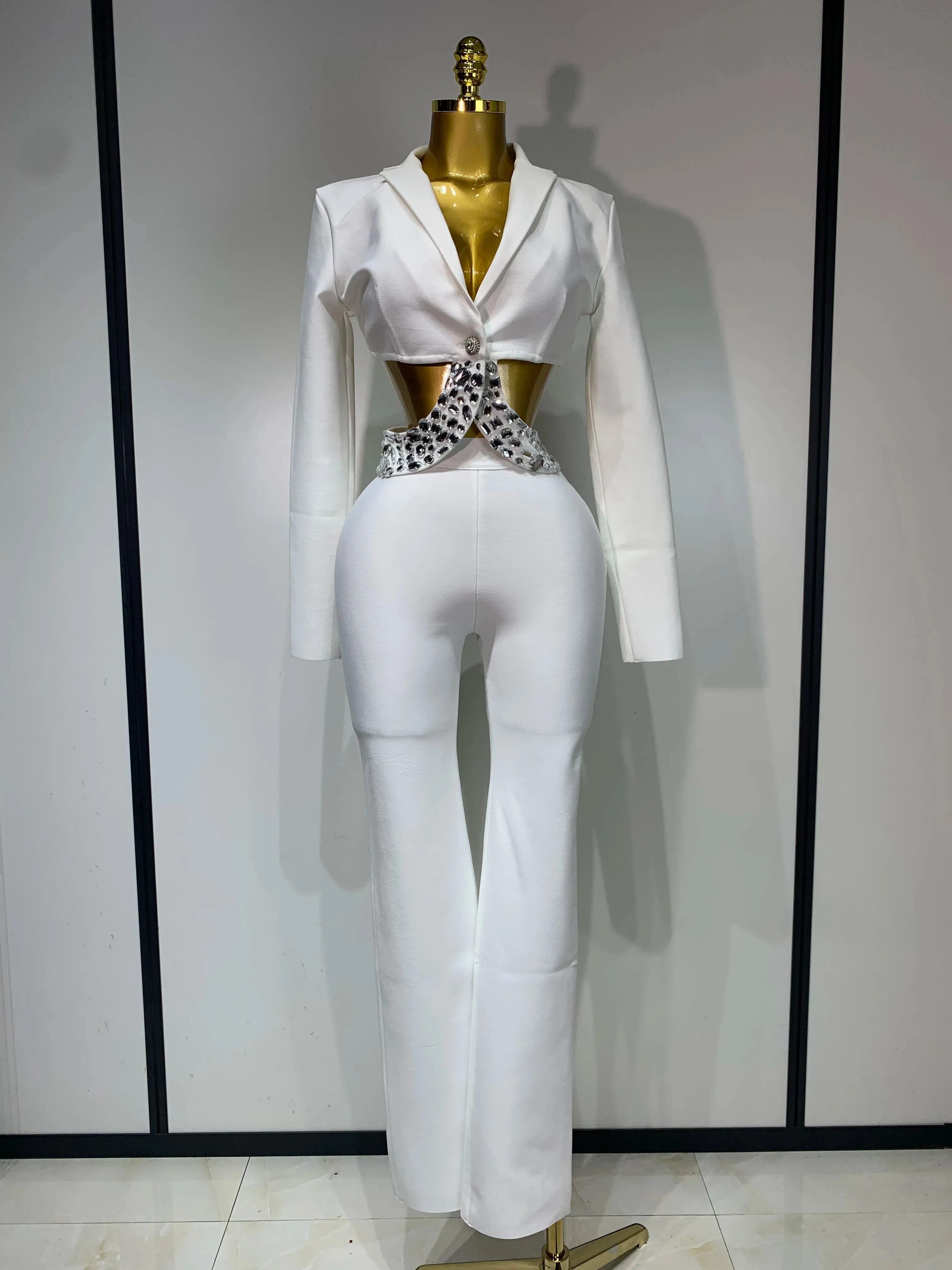 Long Sleeve Beading Bodycon Two Pieces Pants Bandage