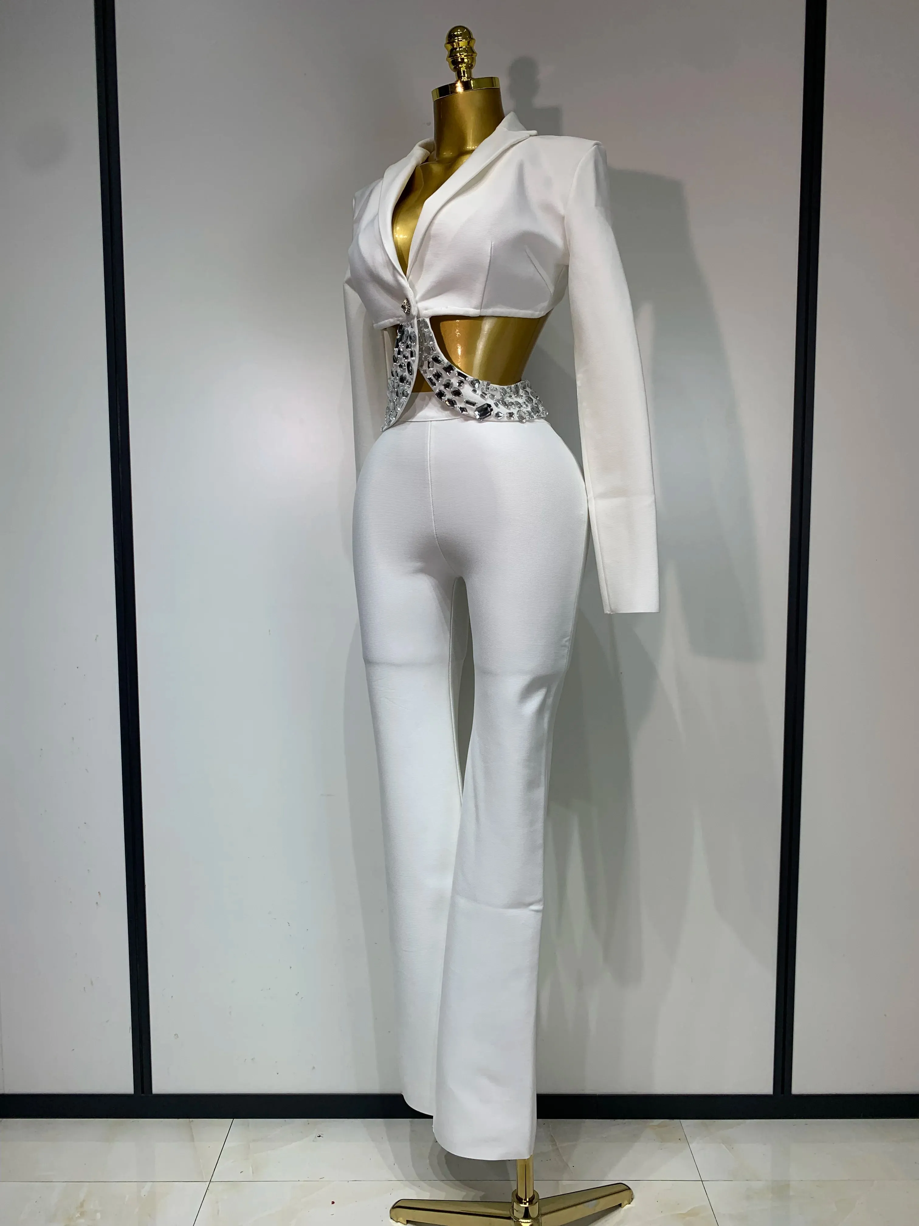 Long Sleeve Beading Bodycon Two Pieces Pants Bandage
