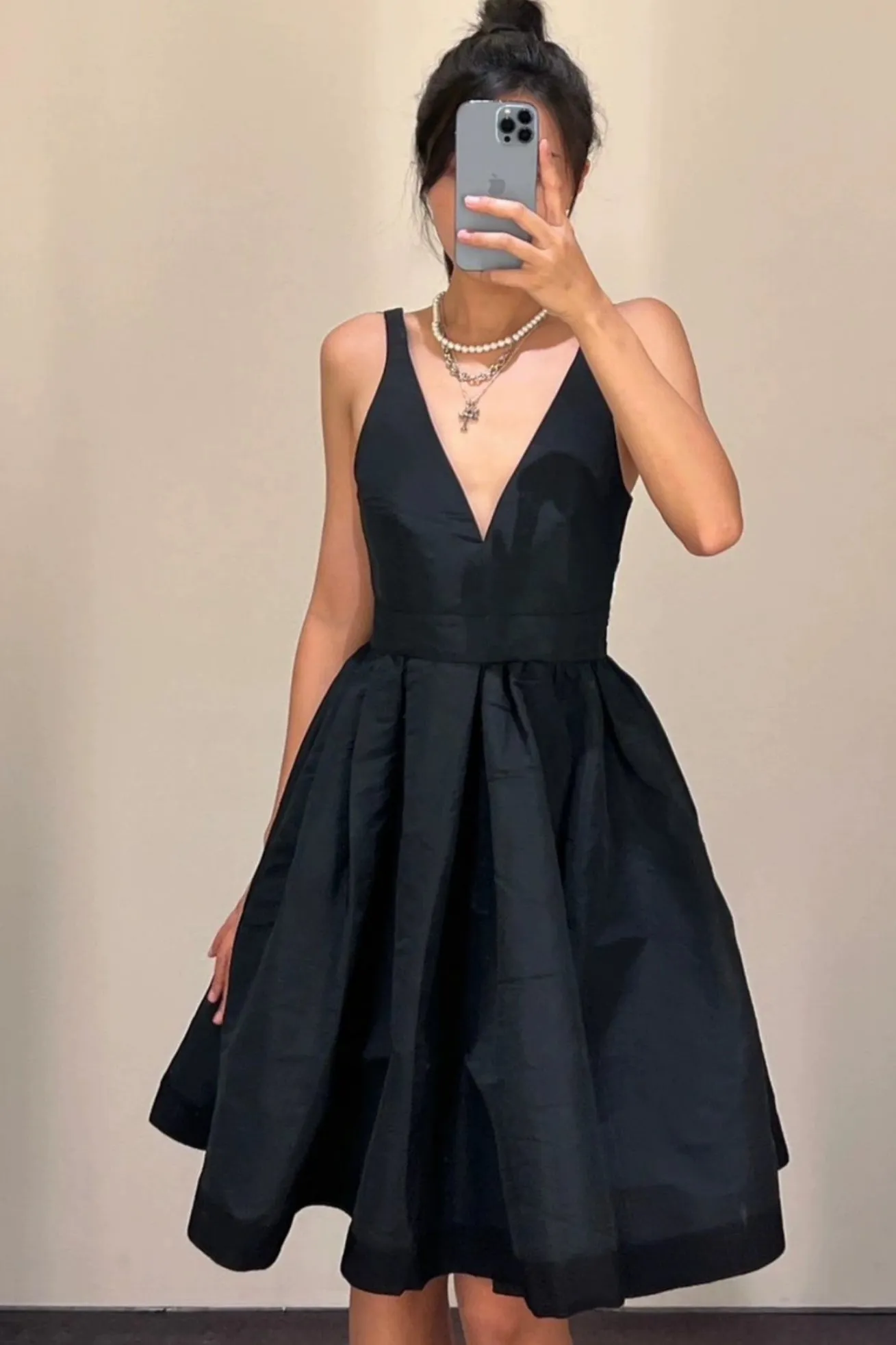 Open Back V Neck Black Satin Prom Dress, V Neck Black Homecoming Dress, Short Black Formal Graduation Evening Dress A1915
