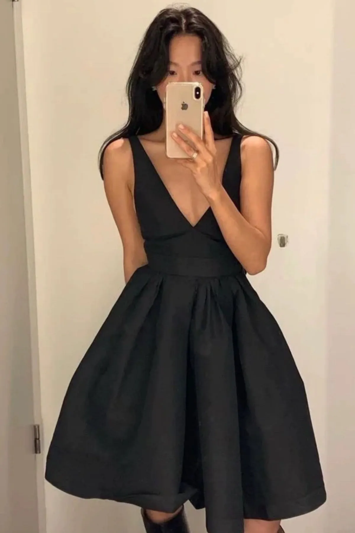 Open Back V Neck Black Satin Prom Dress, V Neck Black Homecoming Dress, Short Black Formal Graduation Evening Dress A1915