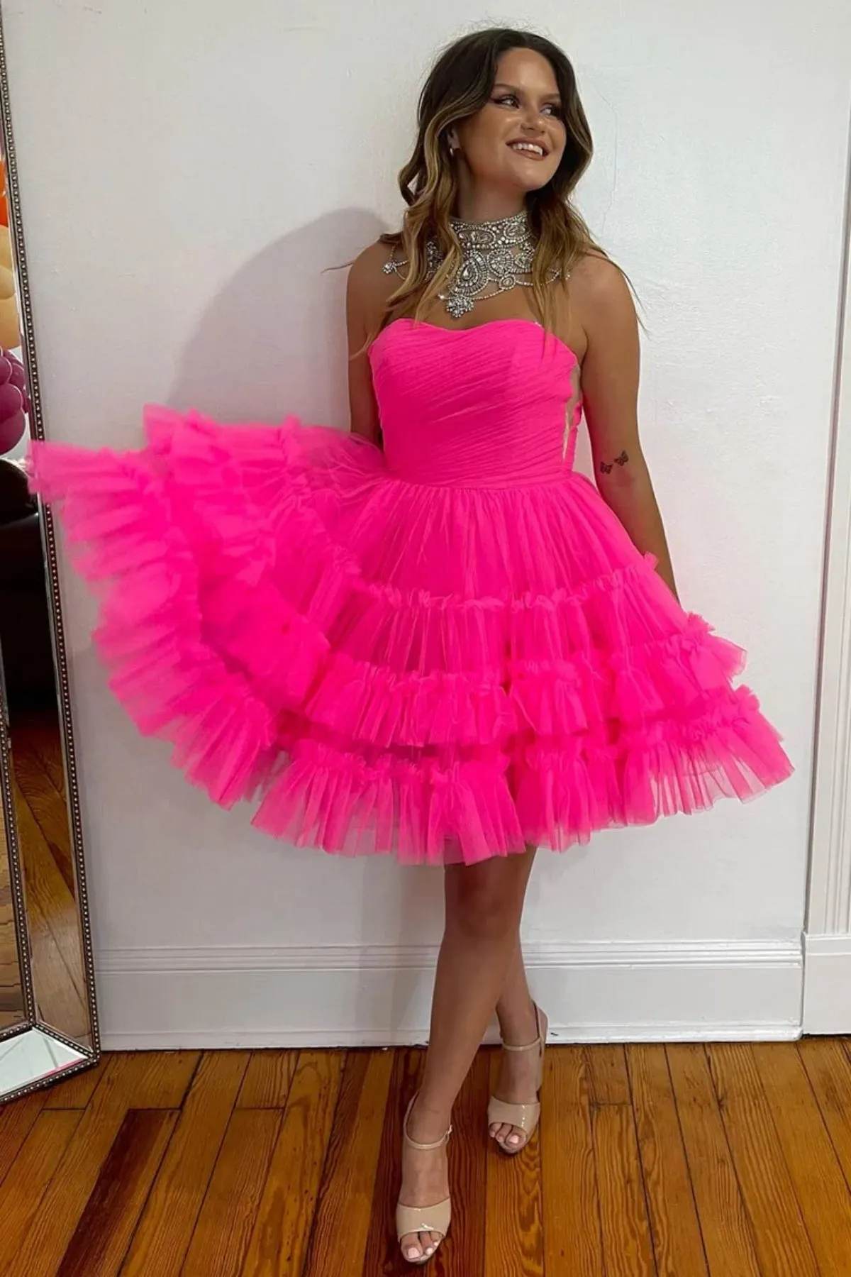 Strapless Hot Pink Tulle Short Prom Dress, Hot Pink Tulle Homecoming Dress, Hot Pink Formal Graduation Evening Dress A1971