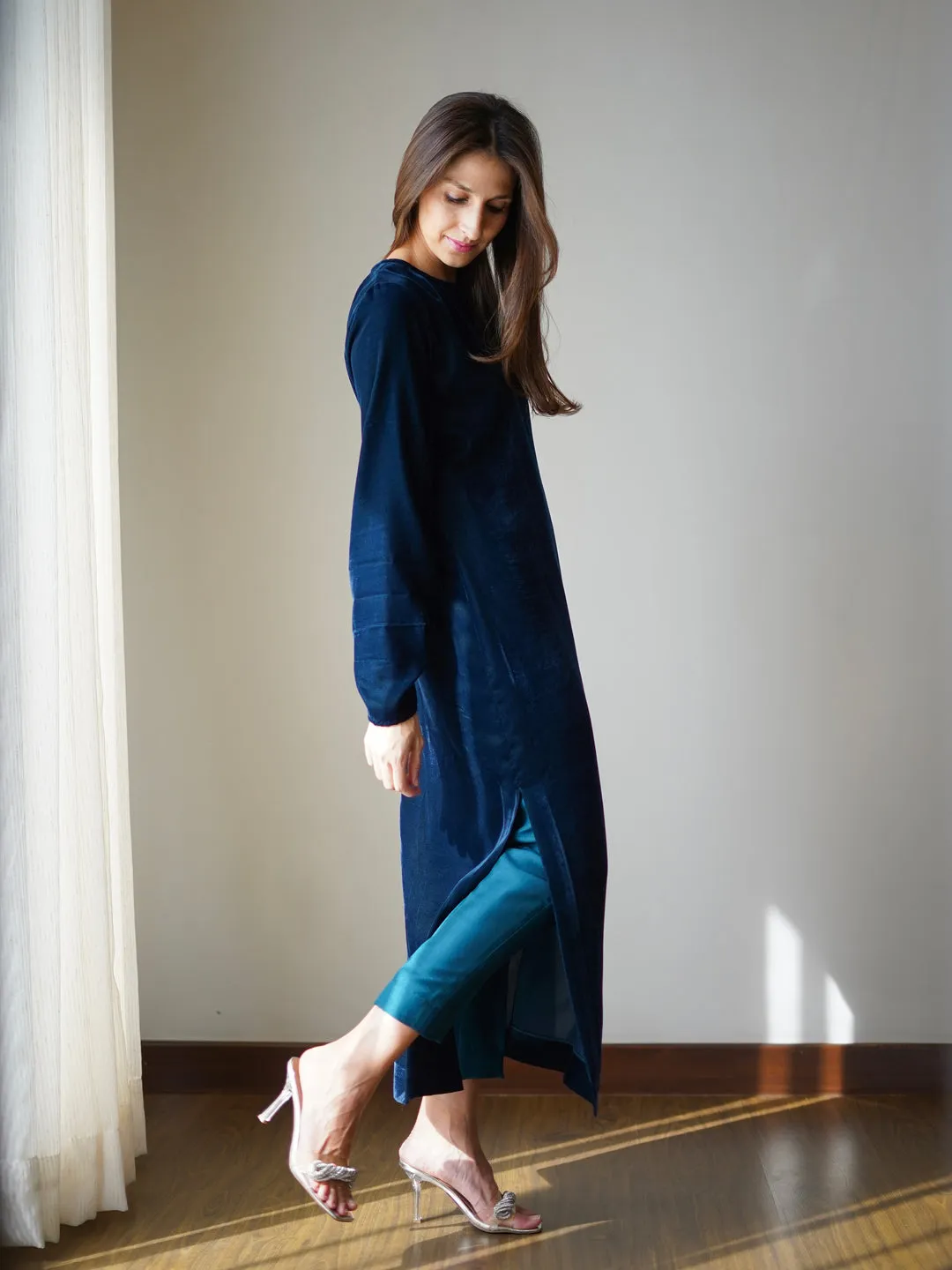 Teal Velvet Shirt Dress