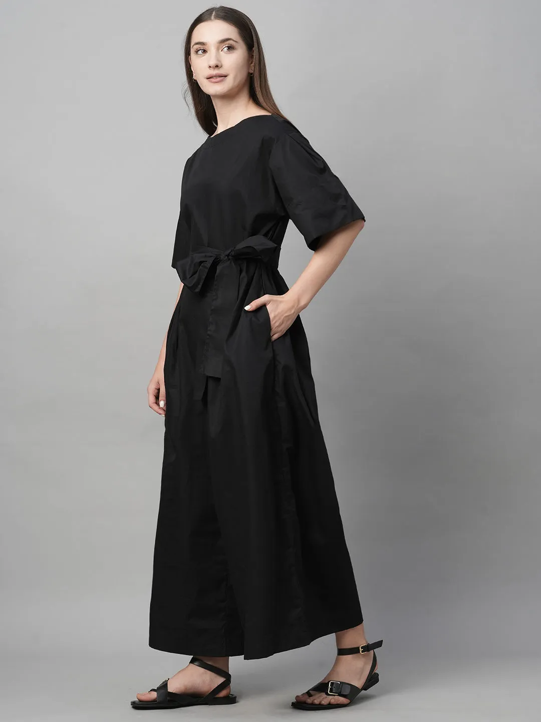 Women's Black Cotton Boxy Fit Jumpsuit
