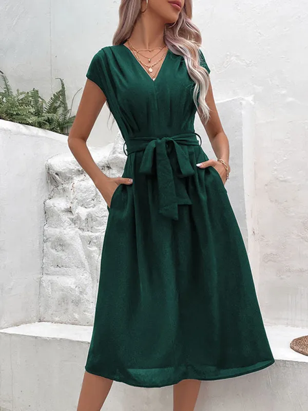Women’s V-Neck Short Sleeve Midi Dress with Pockets and Waist Tie in 10 Colors S-XL