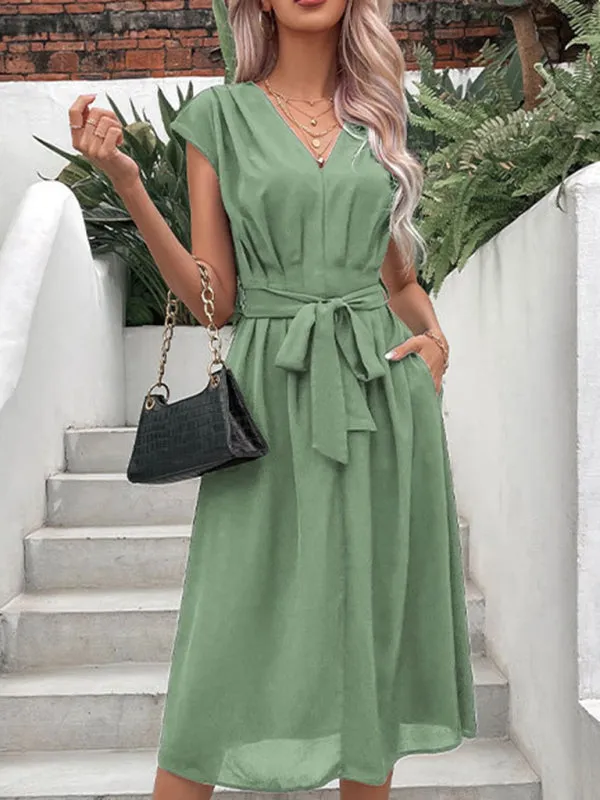 Women’s V-Neck Short Sleeve Midi Dress with Pockets and Waist Tie in 10 Colors S-XL