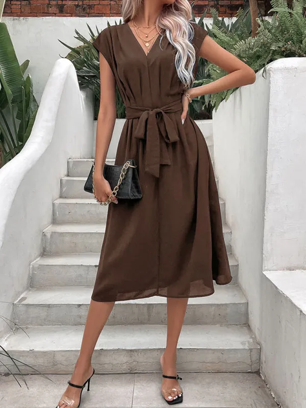 Women’s V-Neck Short Sleeve Midi Dress with Pockets and Waist Tie in 10 Colors S-XL