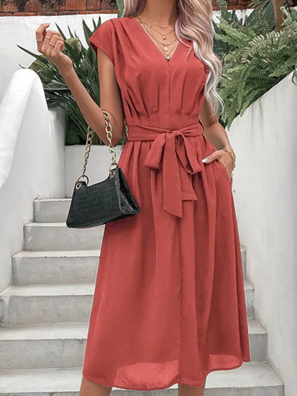 Women’s V-Neck Short Sleeve Midi Dress with Pockets and Waist Tie in 10 Colors S-XL
