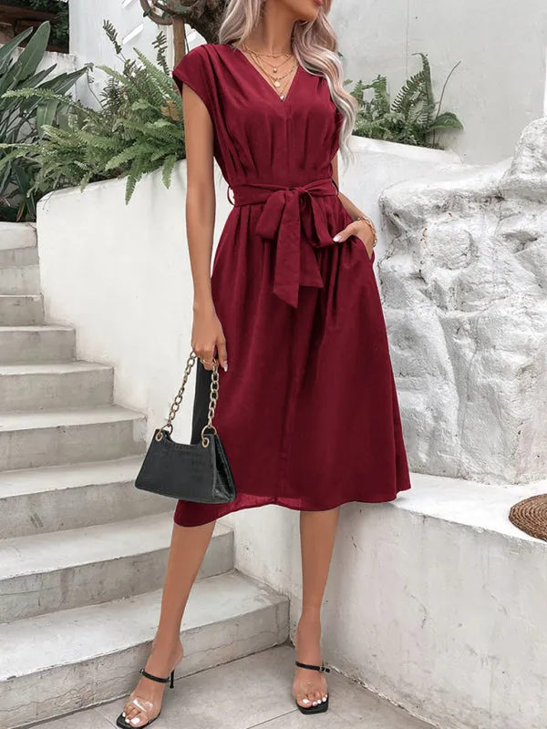 Women’s V-Neck Short Sleeve Midi Dress with Pockets and Waist Tie in 10 Colors S-XL