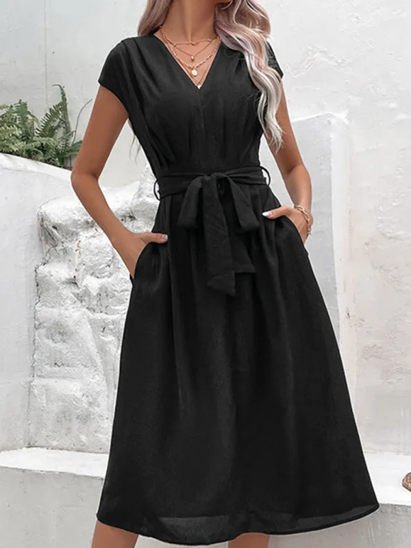 Women’s V-Neck Short Sleeve Midi Dress with Pockets and Waist Tie in 10 Colors S-XL